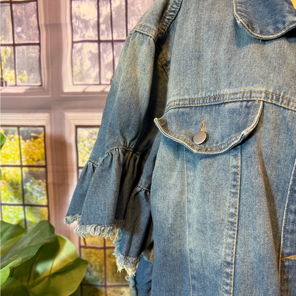 Hayden Denim Distressed Ruffle Jacket Short Sleeve Boho Flap Pockets Ombré 1XL - Picture 5 of 12